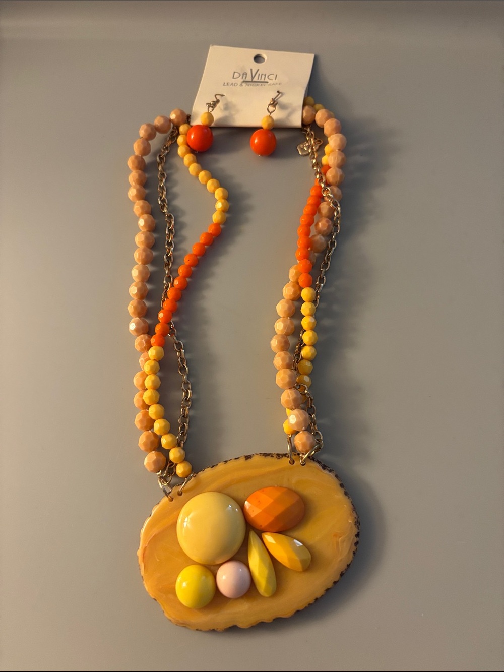 DaVinci Yellow, Orange & Peach Beaded Statement Necklace with Matching Earrings